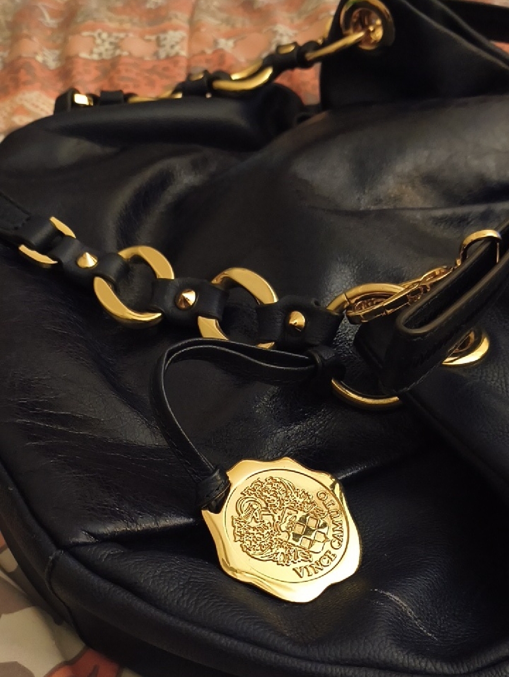 Blue Leather Shoulder Bag with Gold Accents